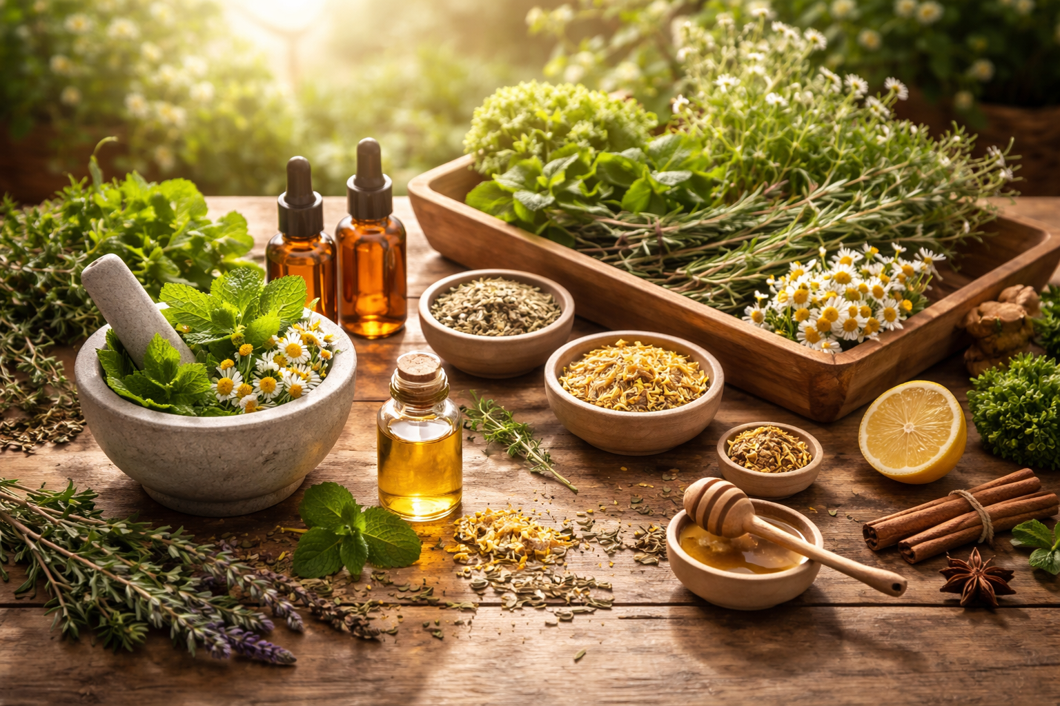Natural herbal ingredients and fresh plants arranged on a wooden table with soft morning light, healthy lifestyle concept, no people visible