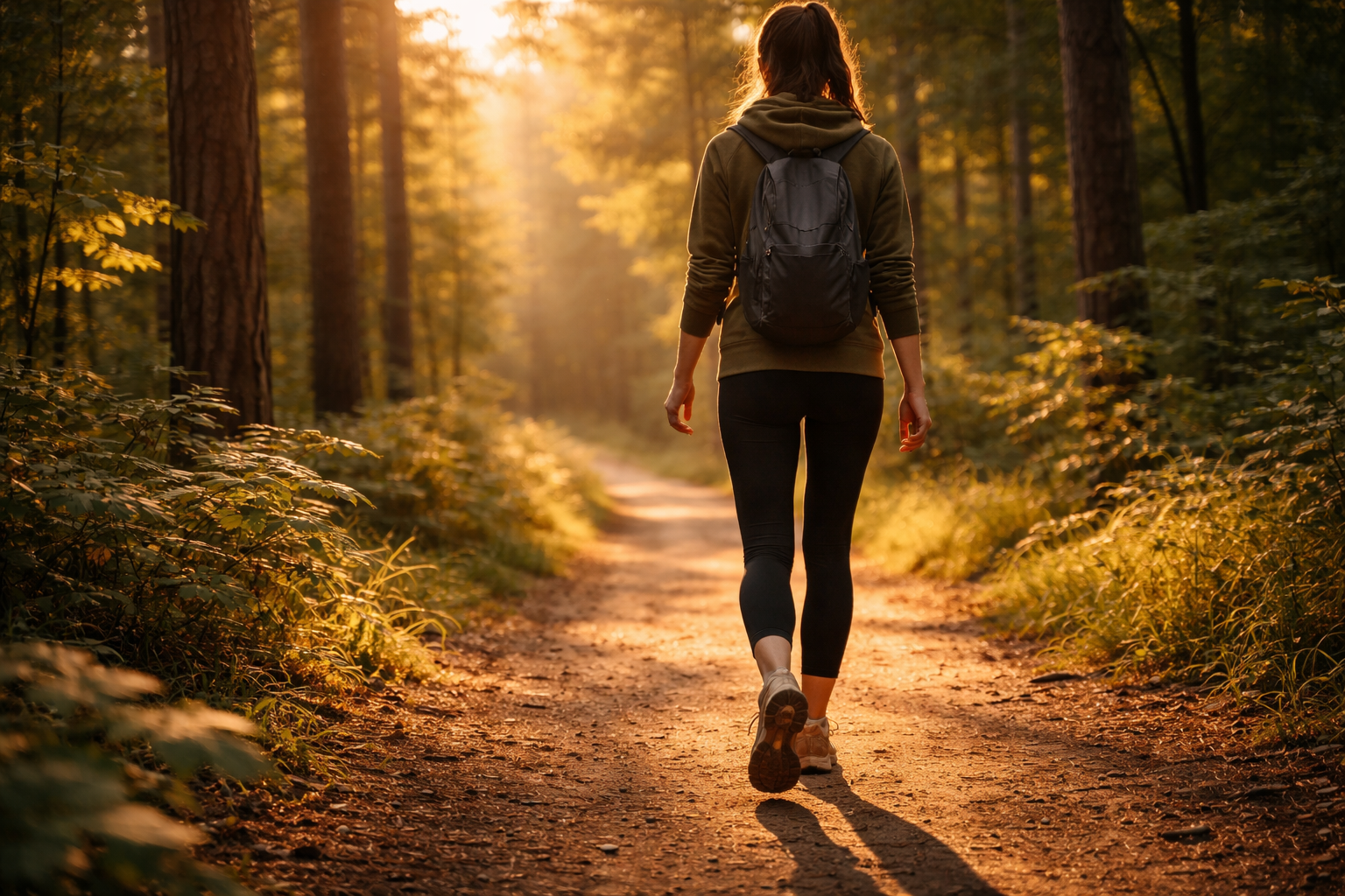 Person walking on a peaceful forest path during golden hour, active lifestyle and wellness, nature background, no face visible
